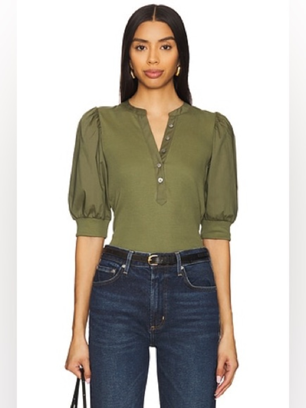 NWOT VERONICA BEARD Size Small
Coralee Puff Sleeve Button-Front Top: Stone Army